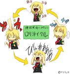  &gt;_&lt; :d blonde_hair blush_stickers bow braid chart closed_eyes hair_bow kirisame_marisa necktie o_o open_mouth pageratta petting punching smile tears touhou translated translation_request 