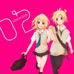  brother_and_sister hand_holding holding_hands kagamine_len kagamine_rin nagi_kanami school_uniform siblings sweater_vest twins vocaloid 
