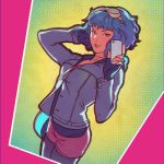  1girl blue_eyes blue_hair cellphone goggles goggles_on_head highres ilya_kuvshinov lips phone ramona_v_flowers scott_pilgrim smartphone smile solo 