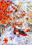  absurdres animal_ears bad_id detached_sleeves hat highres inubashiri_momiji red_eyes shield short_hair silver_hair solo sword tail tokin_hat touhou weapon wolf_ears wolf_tail yamamomo_sakura 