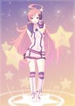  bare_shoulders boots dress earmuffs gloves glowing headphones headset kneehighs long_hair miki_(vocaloid) musical_note open_mouth pink_hair powhu red_eyes sf-a2_miki socks solo star striped striped_gloves striped_legwear vocaloid wrist_cuffs 