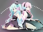  aina_(artist) aqua_eyes aqua_hair bad_id bisuko_(bisco_mm) blue_eyes butterfly_hair_ornament butterfly_wings dress fingerless_gloves gloves hair_ornament hand_holding hat hatsune_miku headphones headset holding_hands long_hair magnet_(vocaloid) megurine_luka mini_top_hat multiple_girls pink_hair sitting smile top_hat twintails vocaloid wings 