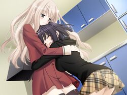  2girls aqua_eyes ass black_hair blonde_hair blunt_bangs chin_rest closed_eyes comforting game_cg hug indoors kawamura_reo kitchen long_hair long_sleeves miniskirt multiple_girls peko plaid sawaguchi_mai school_uniform sono_hanabira_ni_kuchizuke_wo tears thigh-highs thighhighs zettai_ryouiki 