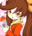  1girl :d :q :} ashley blush brown_hair chenge-getter gift holding holding_gift long_hair open_mouth red_(warioware) red_eyes smile tongue twintails warioware 
