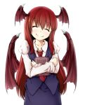  book book_hug closed_eyes demon_wings happy head_tilt head_wings koakuma oohashiyou smile solo touhou wings yuu_(kyuutai_kansetsu) 