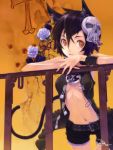  1girl animal_ears black_hair brown_eyes cat_ears flower hair_ornament highres looking_at_viewer navel open_clothes open_mouth open_shirt original railing short_hair short_sleeves shorts skull_hair_ornament solo tail valyu 