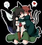  2girls animal_ears arm_cannon black_hair bow braid cape cat_ears cat_tail heart hug hug_from_behind kaenbyou_rin kneeling long_hair multiple_girls multiple_tails red_hair reiuji_utsuho ribbon satoimoya sweatdrop tail tongue touhou weapon wings yuri 