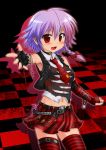  alternate_costume belt braid cross izayoi_sakuya navel necktie outstretched_arm red_eyes ribbon short_hair solo striped striped_legwear thigh_strap thighhighs touhou yo-chaosangel zettai_ryouiki 