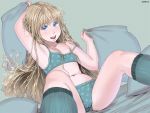  blonde_hair blue_eyes flat_chest long_hair original pillow smile sofia_(zenkou) solo strap_slip zenkou 