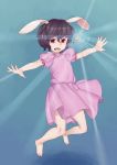  barefoot bunny_ears feet glowing hands harmaline highres inaba_tewi jewelry jumping outstretched_arms pendant rabbit_ears spread_arms touhou 