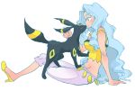  bare_shoulders blue_eyes high_heels karin_(pokemon) long_hair midriff pokemon umbreon 