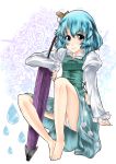  blue_hair feet heterochromia highres panties pantyshot r0g0b0 short_hair smile solo tatara_kogasa touhou umbrella underwear 