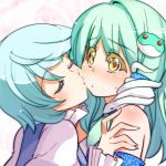  a-walk blue_hair blush cheek_kiss closed_eyes colored_eyelashes detached_sleeves eyelashes frog fujishima-01 green_hair hair_ornament kiss kochiya_sanae long_hair multiple_girls short_hair snake tatara_kogasa touhou yellow_eyes yuri 