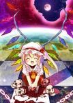  1girl :d ^_^ blonde_hair blood chain checkered checkered_floor closed_eyes fang flandre_scarlet full_moon hands_together hat leaning_forward moon open_mouth sho_(artist) skull smile solo standing touhou wings 