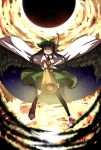  arm_up asymmetrical_clothes black_hair black_sun cape evil_smile floating foreshortening highres long_hair mikan_(ama_no_hakoniwa) mismatched_footwear pointing raised_hand red_eyes reiuji_utsuho slit_pupils smile touhou weapon wings 