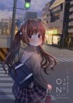  1girl ahoge backpack bag blazer blue_eyes brown_hair child closed_mouth eyebrows_visible_through_hair highres jacket kumagami_haruna long_hair long_sleeves original pleated_skirt road road_sign school_uniform shop sign skirt solo street traffic_light twintails umbrella upper_body 