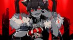  1girl animal_ears barbed_wire black_collar black_nails brown_hair coat collar crown crown_removed dark_talker fur-trimmed_coat fur_trim highres holding_crown hololive king_(vocaloid) limited_palette natsuiro_matsuri open_mouth red_eyes solo upper_teeth 