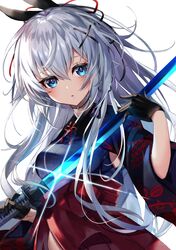  1girl 40_(0f0urw) :o absurdres bangs black_gloves black_kimono blue_eyes breasts commission copyright_request eyebrows_visible_through_hair gloves grey_hair hair_between_eyes hair_ornament hairclip hakama hakama_skirt hand_up highres holding holding_sword holding_weapon japanese_clothes katana kimono long_hair long_sleeves looking_at_viewer medium_breasts parted_lips red_hakama simple_background skeb_commission skirt solo sword very_long_hair weapon white_background wide_sleeves x_hair_ornament 