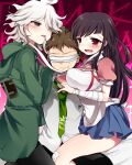  1girl 2boys apron bandages bandages_over_eyes bandaid bandaid_on_knee bangs black_pants blue_eyes blue_skirt blush breasts brown_hair commentary_request dangan_ronpa_(series) dangan_ronpa_2:_goodbye_despair dress_shirt fang green_jacket hinata_hajime hood hooded_jacket hoshihuri jacket komaeda_nagito large_breasts long_hair mole mole_under_eye mouth_hold multiple_boys open_mouth pants pink_background pink_eyes pink_shirt pleated_skirt red_background shirt short_hair sitting skin_fang skirt tongue tongue_out tsumiki_mikan violet_eyes white_apron 