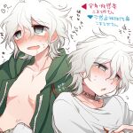  1boy bangs blood blush collarbone commentary_request dangan_ronpa_(series) dangan_ronpa_2:_goodbye_despair fang hair_between_eyes hoshihuri komaeda_nagito male_focus messy_hair multiple_views no_shirt open_mouth pink_blood print_shirt rope shirt simple_background skin_fang sweat tears translation_request upper_body white_hair white_shirt 