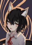  1girl animal_ears bangs blush collared_shirt commentary eyebrows_visible_through_hair fang fox_ears highres k0tokay looking_at_viewer medium_hair neck_ribbon nose_blush orange_eyes original red_ribbon ribbon shirt sidelocks solo white_shirt 