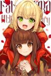  2girls ahoge blonde_hair brown_eyes brown_hair dress epaulettes fate/extra fate_(series) green_eyes hair_intakes highres karokuchitose kishinami_hakuno_(female) long_sleeves multiple_girls nero_claudius_(fate) nero_claudius_(fate)_(all) open_mouth red_dress school_uniform sidelocks smile tsukumihara_academy_uniform_(fate/extra) 