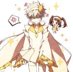  1boy 1girl :d alternate_costume amulet_dia amulet_dia_(cosplay) anger_vein bakugou_katsuki bangs blonde_hair blush boku_no_hero_academia brown_hair clenched_teeth coi_mha commentary cosplay detached_sleeves dress frills hairband highres long_hair long_sleeves looking_at_viewer male_focus no_pupils no_shoes open_mouth shirt short_hair shugo_chara! skirt smile sparkle sparkle_background spiky_hair spoken_anger_vein teeth thigh-highs twintails uraraka_ochako v-shaped_eyebrows white_background white_hairband yellow_shirt yellow_skirt zettai_ryouiki 