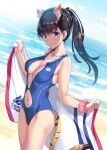  1girl animal_ear_fluff animal_ears bangs beach black_hair blue_swimsuit blush breasts clouds collarbone cowboy_shot day eyebrows_visible_through_hair holding holding_towel large_breasts long_hair mutsumi_masato navel ocean one-piece_swimsuit original ponytail scrunchie smile solo standing swimsuit tail tiger_ears tiger_tail towel violet_eyes water 