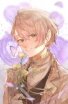  1boy balloon black_vest blonde_hair blurry blurry_background bug butterfly cross flower green_eyes hair_behind_ear highres holding holding_flower insect jacket kagami_hayato karupisusawa looking_at_viewer male_focus nijisanji purple_butterfly smile solo sweater vest virtual_youtuber white_jacket white_sweater 