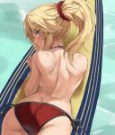 1girl ass back bangs bare_shoulders bikini blonde_eyebrows blonde_hair braid breasts fate/grand_order fate_(series) female_ass french_braid green_eyes hair_ornament hair_scrunchie highres long_hair looking_at_viewer looking_back mordred_(fate)_(all) mordred_(swimsuit_rider)_(fate) no_bra parted_bangs ponytail red_bikini scrunchie sidelocks small_breasts surfboard swimsuit tonee water