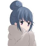  1girl bangs blanket blue_hair commentary_request core_(mayomayo) eyebrows_visible_through_hair eyes_visible_through_hair hair_bun hands_up highres light_blush long_hair no_mouth shima_rin sidelocks simple_background solo trembling violet_eyes white_background yurucamp 
