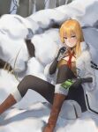  1girl absurdres black_gloves black_legwear blonde_hair blue_eyes blush boots brown_dress brown_footwear chuck_(harfmoondark) coat dress eating elbow_gloves eyebrows_visible_through_hair food fur-trimmed_coat fur_trim girls_frontline gloves hat hat_removed headwear_removed highres holding holding_food long_hair looking_at_viewer mosin-nagant_(girls_frontline) necktie on_floor open_clothes open_coat pantyhose red_neckwear snowing solo white_coat white_headwear 