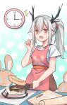  1girl animal_print antlers apron aqua_background arknights bangs black_hairband blush breasts brown_skirt chinese_commentary clock commentary_request cowboy_shot eyebrows_visible_through_hair flying_sweatdrops food frying_pan hairband highres holding holding_frying_pan hypergryph_(arknights) jacket long_hair pancake pink_apron polka_dot polka_dot_background ponytail rabbit shirt short_sleeves silver_hair skirt small_breasts solo stuffed_animal stuffed_bunny stuffed_toy white_shirt xjx yellow_eyes 