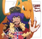  1boy against_glass bangs baseball_cap bright_pupils cape champion_uniform charizard claws commentary_request dark-skinned_male dark_skin dynamax_band facial_hair fangs fangs_out flying_sweatdrops fur-trimmed_cape fur_trim gen_1_pokemon gloves green_eyes hand_up hat highres holding holding_pen leon_(pokemon) long_hair male_focus milestone_celebration morio_(poke_orio) mouth_hold open_mouth partially_fingerless_gloves pen pokemon pokemon_(creature) pokemon_(game) pokemon_swsh purple_hair red_cape shield_print shirt short_sleeves sword_print thank_you tongue upper_teeth white_pupils writing yellow_eyes 