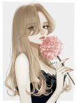  1girl bangs blonde_hair border brown_eyes commentary_request eyebrows_visible_through_hair eyeliner fashion fingernails flower holding holding_flower long_hair looking_at_viewer makeup mole mole_under_eye original outside_border pink_nails sidelocks sleeveless solo takenaka white_border 