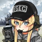  1girl alcohol bangs baseball_cap black_headwear blonde_hair blue_eyes blush camouflage cityscape closed_mouth clouds cloudy_sky earmuffs escape_from_tarkov gloves green_gloves grey_hoodie grey_sky hat holding hood hoodie jack_daniel&#039;s jizi looking_at_viewer military military_uniform mole mole_under_eye original outdoors sky smile solo uniform vest whiskey 