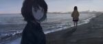  2girls bangs bare_legs beach black_hair black_shirt black_skirt blue_sky collared_shirt commentary daruma_karei expressionless eyebrows_visible_through_hair highres horizon looking_at_viewer multiple_girls ocean original parted_lips shadow shirt short_hair skirt sky sweater violet_eyes waves yellow_sweater 