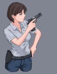  1girl absurdres belt belt_pouch blue_eyes blue_pants breasts brown_hair denim grey_background gun handgun highres holding holding_gun holding_weapon holster looking_to_the_side m1911 military open_mouth original pants polo_shirt pouch shirt short_hair short_sleeves simple_background solo trigger_discipline waruzamurai weapon white_shirt 