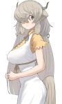  1girl absurdres animal_ears bangs bare_arms breasts brown_eyes dress extra_ears from_side grey_hair hair_over_one_eye highres horns kemono_friends large_breasts long_hair looking_at_viewer looking_to_the_side low_twintails one_eye_covered own_hands_together short_sleeves simple_background solo tail twintails very_long_hair white_background white_dress yak_(kemono_friends) zuchi00 