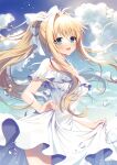  1girl :d air bangs bare_shoulders blonde_hair blue_eyes blue_sky blush bow breasts choker clouds commentary_request day dress eyebrows_visible_through_hair hair_between_eyes hair_bow hair_intakes highres kamio_misuzu long_hair looking_at_viewer mauve medium_breasts off-shoulder_dress off_shoulder open_mouth outdoors ponytail short_sleeves sidelocks skirt_hold sky smile solo very_long_hair water_drop white_bow white_choker white_dress 