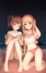  2girls absurdres adjusting_hair bangs bare_shoulders barefoot beach bikini blonde_hair blush brown_hair closed_mouth collarbone green_bikini green_eyes hand_in_hair hand_up highres huge_filesize kneeling long_hair looking_at_viewer midriff multiple_girls navel night night_sky one_eye_closed original outdoors red_bikini red_eyes scrunchie shirt short_sleeves side_ponytail sitting sky smile star_(sky) swimsuit water white_shirt x4snow 