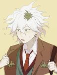  1boy bangs breast_pocket brown_background dangan_ronpa_(series) dangan_ronpa_2:_goodbye_despair green_vest hair_ornament highres hinata_hajime hope&#039;s_peak_academy_school_uniform jacket komaeda_nagito male_focus messy_hair necktie open_clothes open_jacket open_mouth pocket red_neckwear school_uniform shirt simple_background solo_focus suangasua upper_body vest white_hair white_shirt 