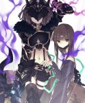  1boy armor bangs belt belt_buckle black_gloves blunt_bangs blunt_ends bob_cut brown_hair buckle closed_mouth crop_top dual_persona fighting_stance fingerless_gloves fur_trim gloves green_eyes gretel_(sinoalice) holding holding_polearm holding_weapon legband long_hair long_sleeves looking_at_viewer male_focus mask mouth_mask navel otoko_no_ko polearm shirt short_hair sidelocks sigatu_r simple_background sinoalice skirt smile smoke surgical_mask suspender_skirt suspenders t-shirt tattoo thigh-highs weapon 
