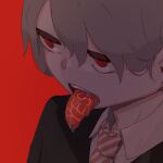  1boy absurdres avogado6 black_jacket collared_shirt commentary_request grey_hair highres jacket jitome male_focus necktie original red_background red_eyes shirt short_hair simple_background solo tongue tongue_out white_shirt wing_collar 