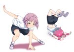  2girls ahoge blue_hair brown_eyes faceplant failure gym_uniform hair_intakes idolmaster idolmaster_cinderella_girls koshimizu_sachiko multicolored_hair multiple_girls pink_hair pose sakaki_imasato short_hair shorts two-tone_hair white_background wristband yumemi_riamu 