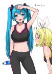  2girls ? absurdres arm_up armpits bangs black_legwear black_pants black_sports_bra blonde_hair blue_eyes blue_hair bottle bow breast_envy breasts collarbone commentary_request cowboy_shot drink eyebrows_visible_through_hair hair_bow hair_ornament hairclip hand_on_forehead hatsune_miku highres holding holding_bottle kagamine_rin large_breasts leaning_forward long_hair looking_at_breasts looking_at_viewer midriff multiple_girls navel nishikino_kee open_mouth pants short_hair simple_background small_breasts sports_bra sportswear standing sweat swept_bangs translated twintails vocaloid water_bottle white_background white_bow yoga_pants 
