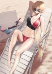  1girl alcohol arm_behind_head artist_name barefoot beach beach_chair bikini bikini_bottom bikini_top blonde_hair bottle breasts cup drinking_glass eyebrows eyebrows_visible_through_hair feet full_body girls_frontline highres jewelry legs long_hair looking_at_viewer looking_over_eyewear multicolored multicolored_clothes no_shoes ots-14_(girls_frontline) ponytail reclining ring saturndxy small_breasts solo sunglasses swimsuit tinted_eyewear wedding_ring wine wine_bottle wine_glass yellow_eyes 
