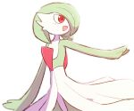  :d blush colored_skin commentary_request gardevoir gen_3_pokemon green_hair morio_(poke_orio) open_mouth outstretched_arm pokemon pokemon_(creature) red_eyes simple_background smile solo white_background white_skin 