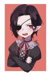  1boy absurdres artist_self-insert black_eyepatch black_hair eyepatch fangs frills hair_behind_ear highres hyde_(hyde_(tabakko)) long_sleeves looking_to_the_side male_focus one_eye_covered original pointy_ears puffy_long_sleeves puffy_sleeves red_background red_eyes red_neckwear sharp_teeth teeth turtleneck vampire vyolfers 