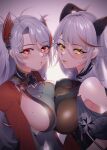  2girls aegir_(azur_lane) azur_lane bare_shoulders black_cape bodystocking breast_curtains breast_press breasts buttons cape cross cross_earrings demon_horns earrings eyebrows_visible_through_hair headgear highres horns impossible_clothes iron_cross jewelry large_breasts long_hair looking_at_viewer medal mimiko_(fuji_310) mole mole_on_breast multicolored_hair multiple_girls prinz_eugen_(azur_lane) purple_background red_eyes redhead sideboob simple_background streaked_hair symmetrical_docking twintails two-tone_hair white_hair yellow_eyes 